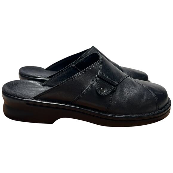 CLARKS Patty Nell Women's 9M Black Leather Clogs Mules Slip On Shoes Comfort - Picture 6 of 13